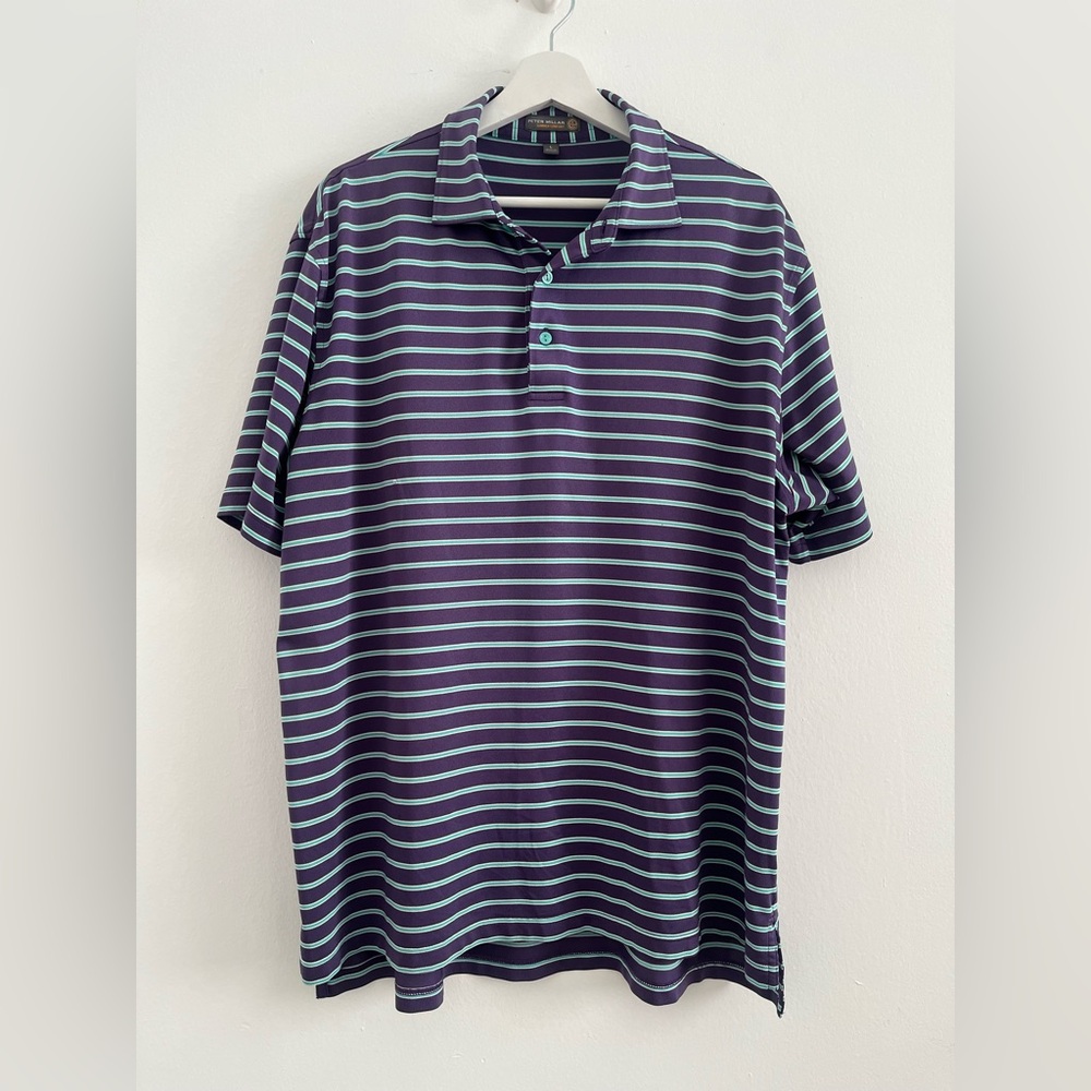 Peter Millar Summer Comfort Golf Polo Men XL Short Sleeve Purple &Teal Stripe
